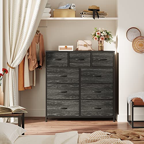 WLIVE 9-Drawer Dresser, Fabric Storage Tower for Bedroom, Hallway, Nursery, Closet, Tall Chest Organizer Unit with Fabric Bins, Steel Frame, Wood Top, Easy Pull Handle, Charcoal Black Wood Grain Print