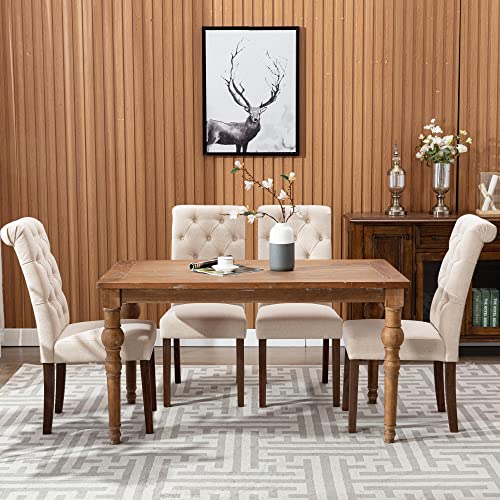 COLAMY Tufted Dining Room Chairs Set of 2, Accent Parsons Diner Chairs Upholstered Fabric Side Stylish Kitchen Chairs with Solid Wood Legs and Padded Seat - Beige