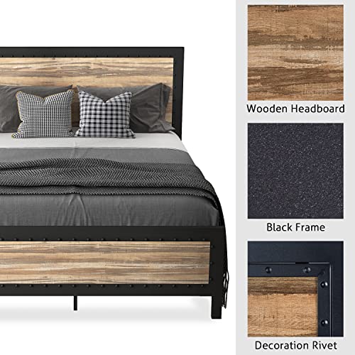 SHA CERLIN Heavy Duty Metal Bed Frame Queen Size / Wooden Headboard Footboard with Rivet/ 13 Strong Metal Slats Support/ No Box Spring Needed/ Mattress Foundation/ Easy Assembly
