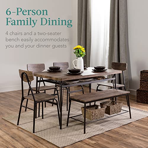 Best Choice Products 6-Piece 55in Modern Dining Set for Home, Kitchen, Dining Room w/Storage Racks, Rectangular Table, Bench, 4 Chairs, Steel Frame - Brown