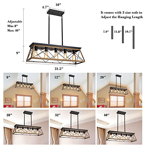 XIPUDA Farmhouse Chandeliers for Dining Room, Rustic Kitchen Island Light Fixture, 5-Light Linear Pendant Lighting Rectangular Chandelier, Metal Solid Ceiling Lights