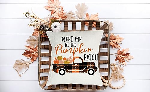 fokusent Fall Pillow Covers 18x18 for Thanksgiving Decorations Set of 4 Pumpkins Truck Fall Pillows Decorative Square Throw Pillows Covers for Sofa Couch Farmhouse Home Decoration