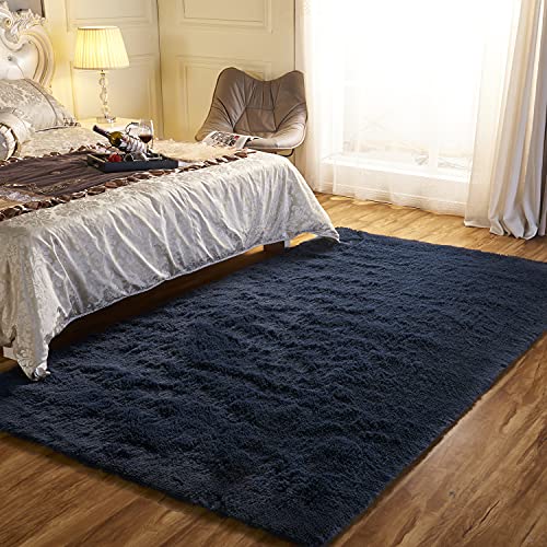 Area Rugs for Bedroom Living Room, 5ft x 7ft Navy Blue Fluffy Carpet for Teens Room, Shaggy Throw Rug Clearance for Nursery Room, Fuzzy Plush Rug for Dorm
