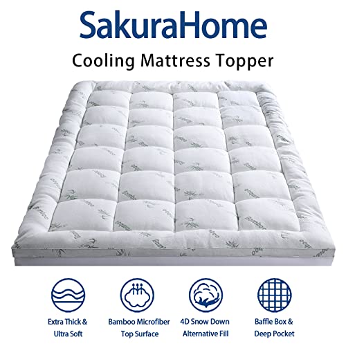 Bamboo Mattress Topper Queen Size, Cooling Extra Thick Breathable Mattress pad, Soft Quilted Fitted Mattress Cover with 5D Snow Down Alternative Fill (8-21”Deep Pocket)