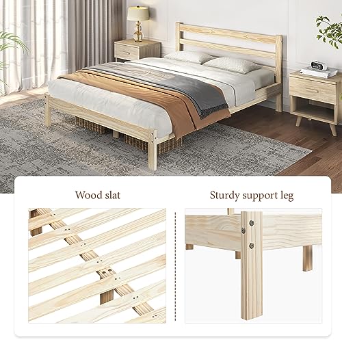 Yaheetech Full Bed Frames Solid Pine Wood Platform Bed with Paneled Headboard, Wicklow Style/Wooden Slats Support/Noise-Free/7.5 inch Space Underneath/No Box Spring Needed/Easy Assembly, Wood Full Bed