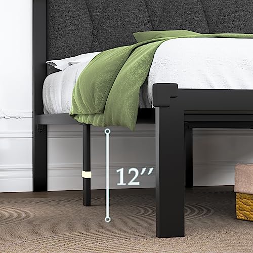 Feonase Twin Size Metal Bed Frame with Fabric Button Tufted Headboard, Platform Bed Frame with Heavy Duty Metal Slats, 12" Storage Space, Noise Free, No Box Spring Needed, Dark Grey