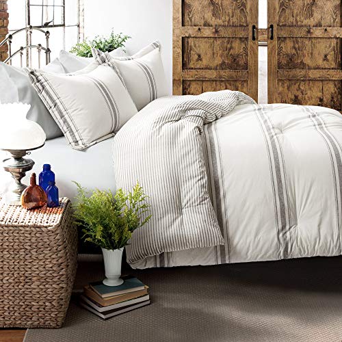 Lush Decor Farmhouse Stripe 3 Piece Reversible Comforter Bedding Set, Full/Queen, Gray