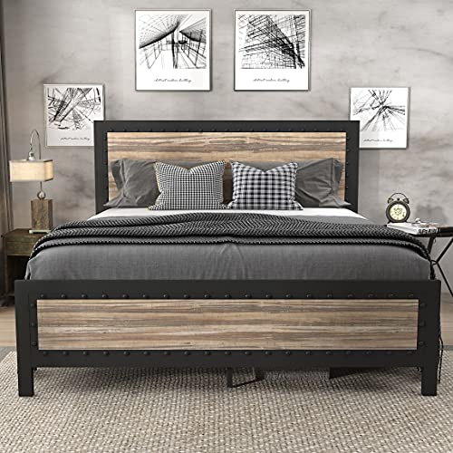 SHA CERLIN Heavy Duty Metal Bed Frame Queen Size / Wooden Headboard Footboard with Rivet/ 13 Strong Metal Slats Support/ No Box Spring Needed/ Mattress Foundation/ Easy Assembly