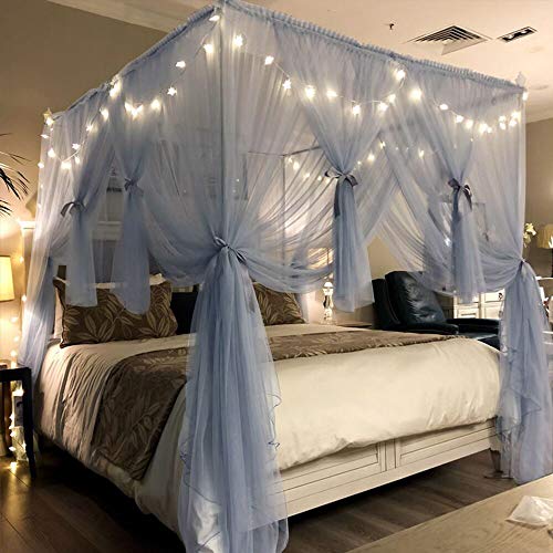 Joyreap 4 Corners Post Canopy Bed Curtain for Girls & Adults - Royal Luxurious Cozy Drape Netting - Cute Princess Bedroom Decoration (Gray-Blue, 59" W x 78" L, Full/Queen)