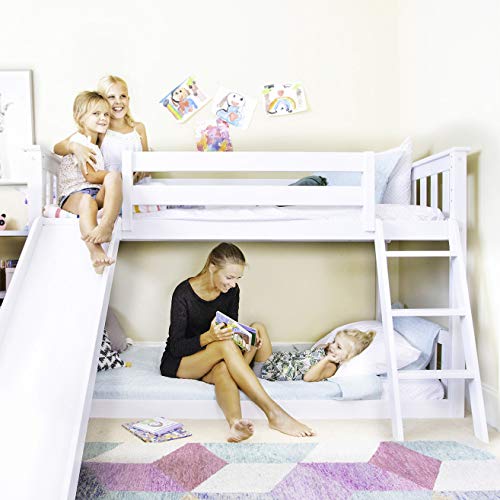 Max & Lily Low Bunk Bed, Twin-Over-Twin Wood Bed Frame For Kids With Slide, White