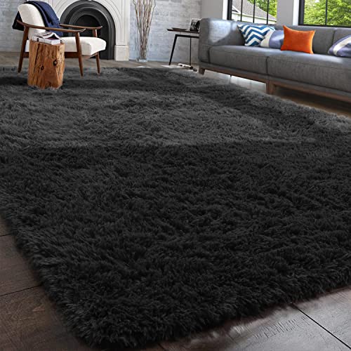PAGISOFE Fluffy Shaggy Area Rug, 4x6, Plush Furry Rugs for Bedroom Living Room, Fuzzy Rugs for Kids Baby, Soft Rugs for Nursery, Dorm Shag Rugs for Girls Boys, Carpet for Teen's Room, Black