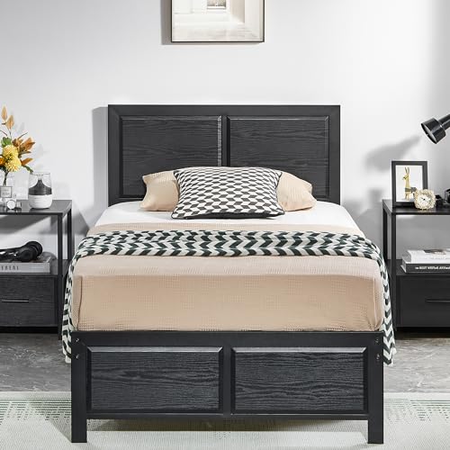 VECELO Twin Size Platform Bed Frame with Black Wood Headboard, Mattress Foundation, Strong Metal Slats Support, No Box Spring Needed