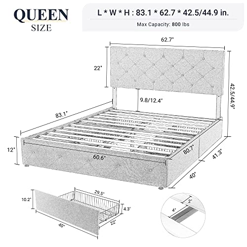 Allewie Upholstered Queen Size Platform Bed Frame with 4 Storage Drawers and Headboard, Diamond Stitched Button Tufted Mattress Foundation with Wooden Slats Support, No Box Spring Needed, Dark Grey