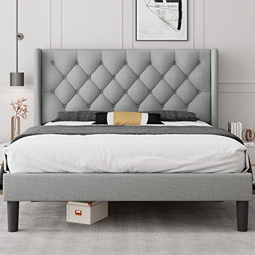 iPormis Queen Size Wingback Platform Bed Frame with Upholstered Button Tufted Headboard /8" Under-Bed Storage Space/ Wooden Slats / Noise-Free / Box Spring Optional / Easy Assembly, Light Grey