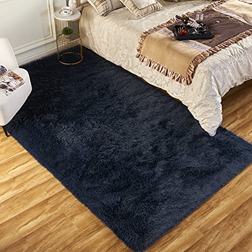 Area Rugs for Bedroom Living Room, 5ft x 7ft Navy Blue Fluffy Carpet for Teens Room, Shaggy Throw Rug Clearance for Nursery Room, Fuzzy Plush Rug for Dorm