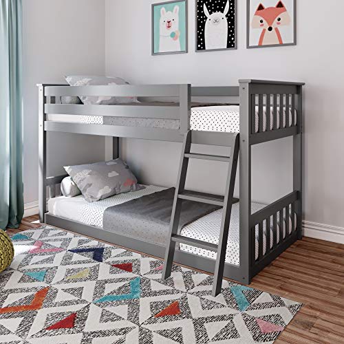 Max & Lily Low Bunk Bed, Twin-Over-Twin Wood Bed Frame For Kids, Grey