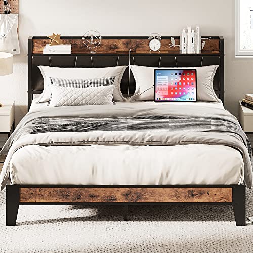 LIKIMIO Queen Bed Frame, Storage Headboard with Charging Station, Solid and Stable, Noise Free, No Box Spring Needed, Easy Assembly (Vintage and Black)
