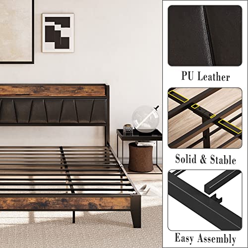 LIKIMIO King Bed Frame, Storage Headboard with Charging Station, Solid and Stable, Noise Free, No Box Spring Needed, Easy Assembly (Vintage and Black)