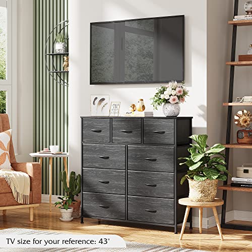 WLIVE 9-Drawer Dresser, Fabric Storage Tower for Bedroom, Hallway, Nursery, Closet, Tall Chest Organizer Unit with Fabric Bins, Steel Frame, Wood Top, Easy Pull Handle, Charcoal Black Wood Grain Print