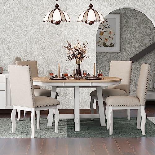 Merax Dining Table Set for 4, Wood Round Extendable Dining Table and 4