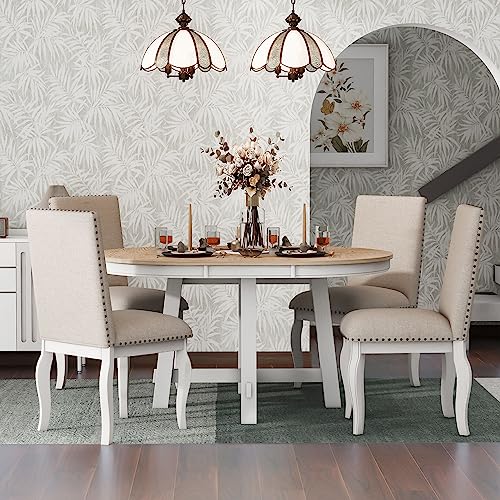 Merax Dining Table Set for 4, Wood Round Extendable Dining Table and 4 Upholstered Dining Chairs, Oak Natural Wood+Antique White