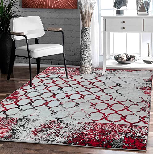 GLORY RUGS Modern Abstract Trellis Area Rug 8x10 Red Black Large Rugs for Home Office Bedroom and Living Room