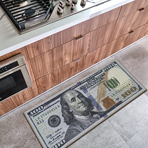 Machine Washable $100 Bill Design Non-Slip Rubberback 22x53 Modern Runner Rug for Hallway, Kitchen, Bedroom, 22" x 53", Multicolor