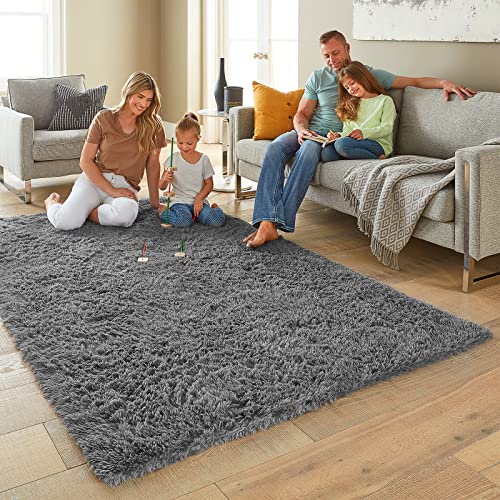 Ophanie Rugs for Bedroom Living Room, 4x5.3 Area Rug Grey Fluffy Fuzzy