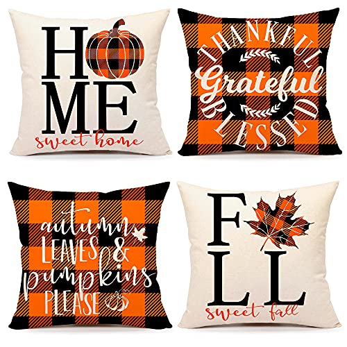 4TH Emotion Fall Decor Pillow Covers 18x18 Set of 4 Thanksgiving Buffalo Check Farmhouse Decorations Orange Black Pumpkin Maple Leaves Outdoor Decorative Throw Cushion Case for Home Couch TH025-18