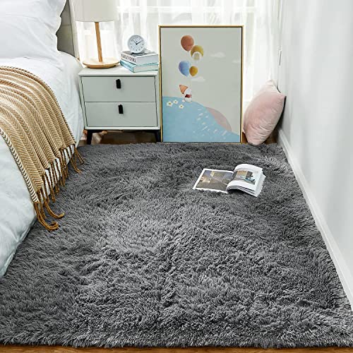 Ophanie Rugs for Bedroom Living Room, 4x5.3 Area Rug Grey Fluffy Fuzzy