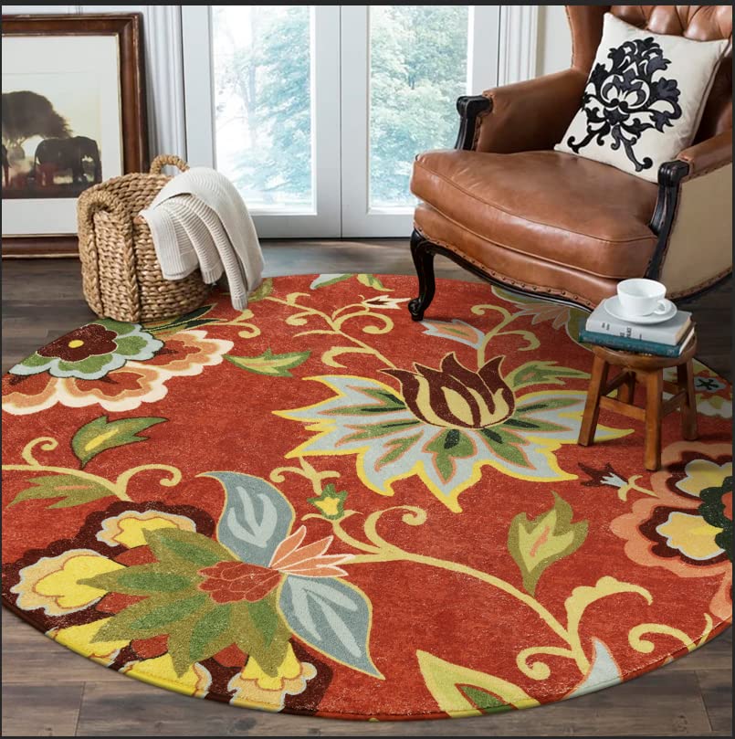 Lahome Boho Round Rugs 5'3Ft Machine Washable Round Bedroom Rugs Non-Slip  Throw Round Rugs for Living Room Floral Print Distressed Circle Dinning