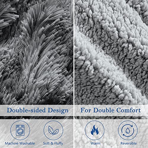 EASELAND Soft Faux Fur and Sherpa Shaggy Throw Blanket,Reversible Warm Thick Fleece Fuzzy Shag Throws, Luxury Furry Plush Fluffy Decorative Cozy Blankets for Couch Sofa Bed Chair, Tie Dye Grey,Travel