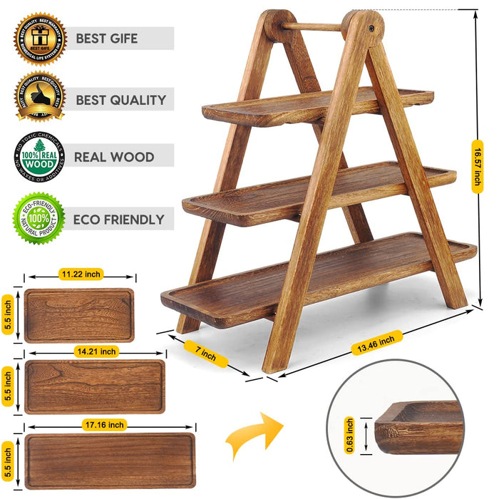 Manspdier Wood 3 Tier Serving Tray Three Tiered Cupcake Stand, Rectangle Serving Platter Wooden Farmhouse, Party Serving Brown Decorative Tray Decor