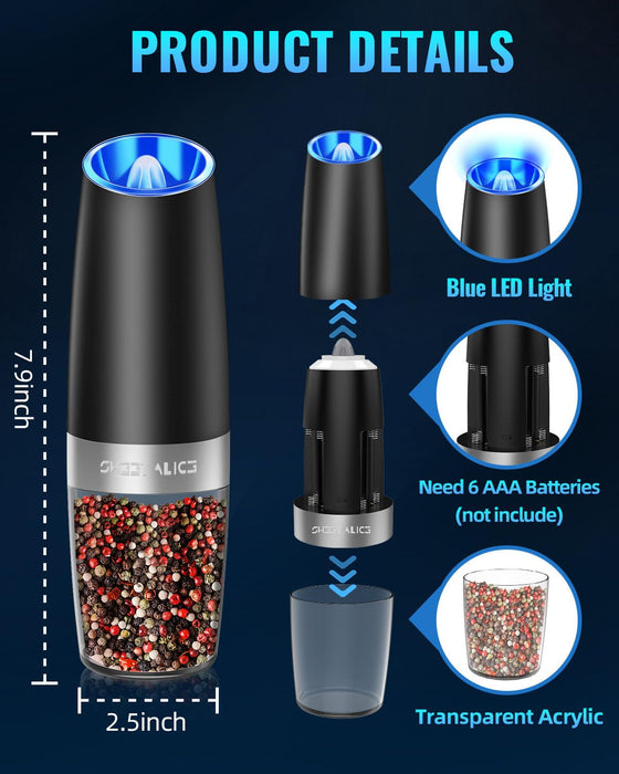 ENLITE Set Of 2 Automatic Gravity Electric Salt Pepper Mill Grinder LED  Light