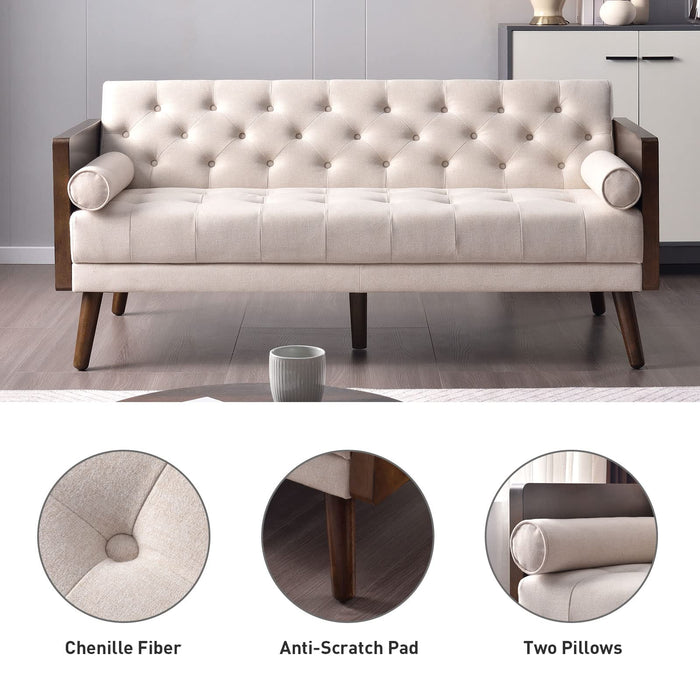 EBELLO 70 inch Futon Sofa Bed, Convertible 2 in 1 Love Seat Sleeper Sofa with 2 Throw Pillows, Soft Chenille Tufted Folding Couch Sofa for Small Space Living Room, Bedroom, Apartment, Office, Beige