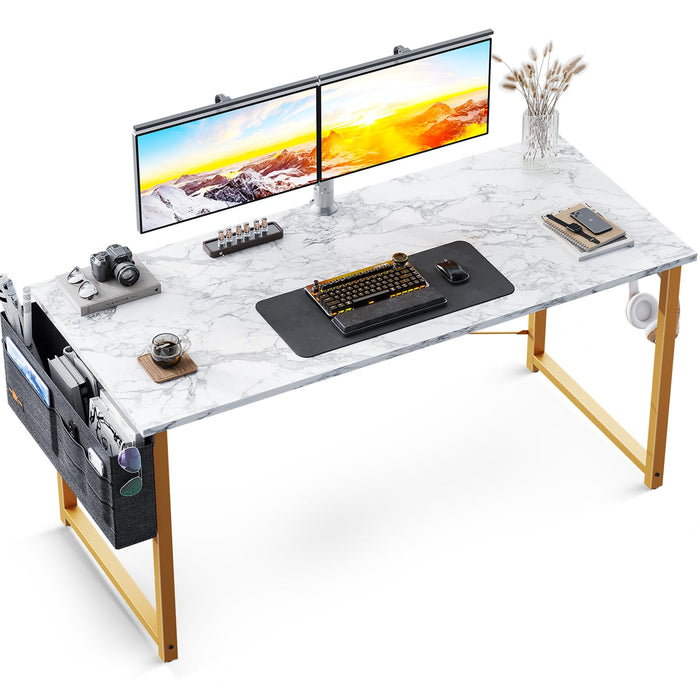 ODK 48 inch Computer Desk, Writing Desk Home Office Desk PC Study Table, Work Desk with Storage Bag and Headphone Hook, White Marble + Gold Leg