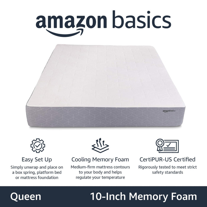 Amazon Basics Cooling Gel-Infused, Medium-Firm Memory Foam Mattress, CertiPUR-US Certified - Queen Size, 10 Inch (White/Gray)