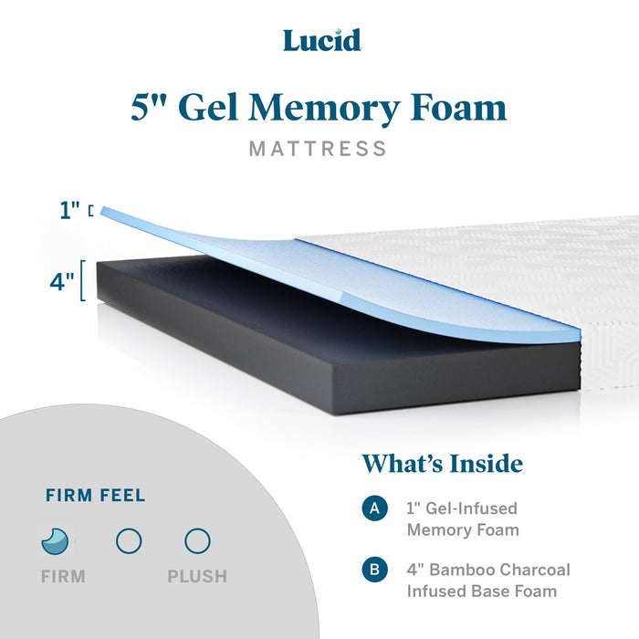 Lucid 5 Inch Firm Gel Memory Foam Mattress Full— Gel Infusion—Hypoallergenic Bamboo Charcoal—Breathable Cover,White
