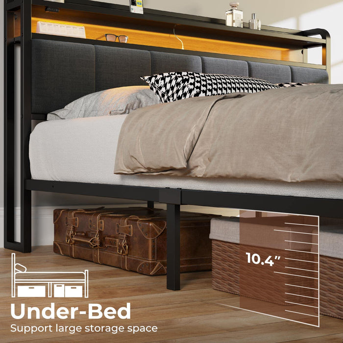 HAHRIR Twin Bed Frame With LED Lights & Charging Station - Upholstered Headboard With Storage - No Box Spring Needed, Grey
