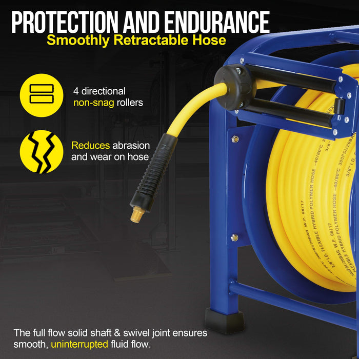 Goodyear Air Hose Reel Retractable 3/8" Inch x 100 Feet 300 Psi / 20 Bar Spring Driven Steel Elite Portable Quad Pod Heavy Duty Industrial Longest Premium Commercial Flex Hybrid Polymer