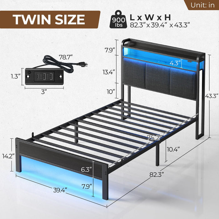 Rolanstar Bed Frame Twin Size with Charging Station and LED Lights, Upholstered Headboard with Storage Shelves, Heavy Duty Metal Slats, No Box Spring Need, Noise Free, Easy Assembly, Dark Grey
