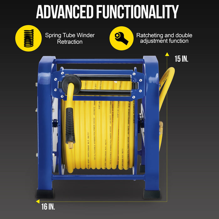 Goodyear Air Hose Reel Retractable 3/8" Inch x 100 Feet 300 Psi / 20 Bar Spring Driven Steel Elite Portable Quad Pod Heavy Duty Industrial Longest Premium Commercial Flex Hybrid Polymer